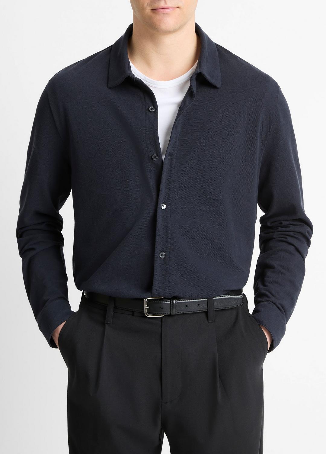 Cotton Piqué Button-Front Shirt in Long Sleeve | Vince US