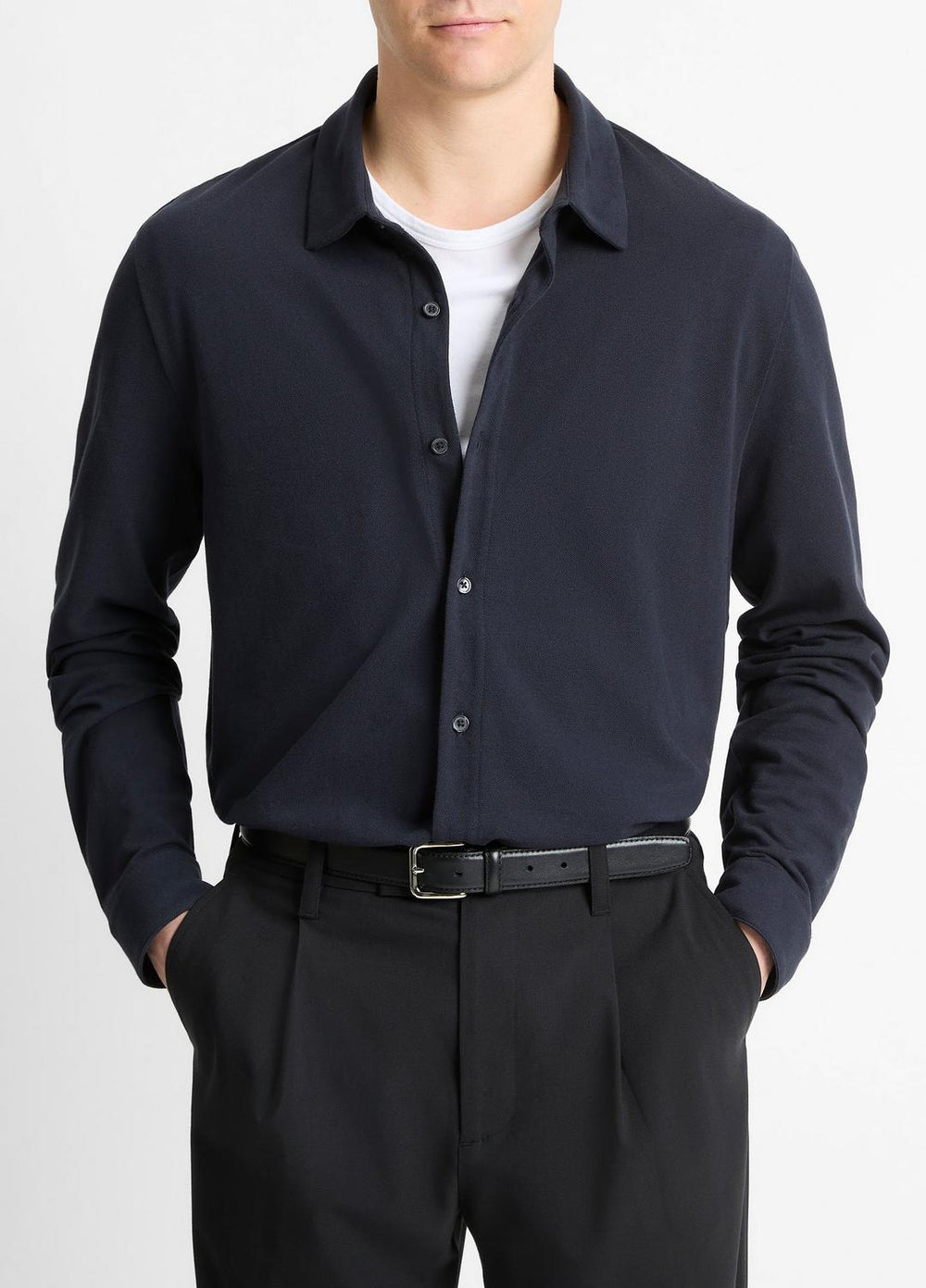 Cotton Piqué Button-Front Shirt in Long Sleeve | Vince US
