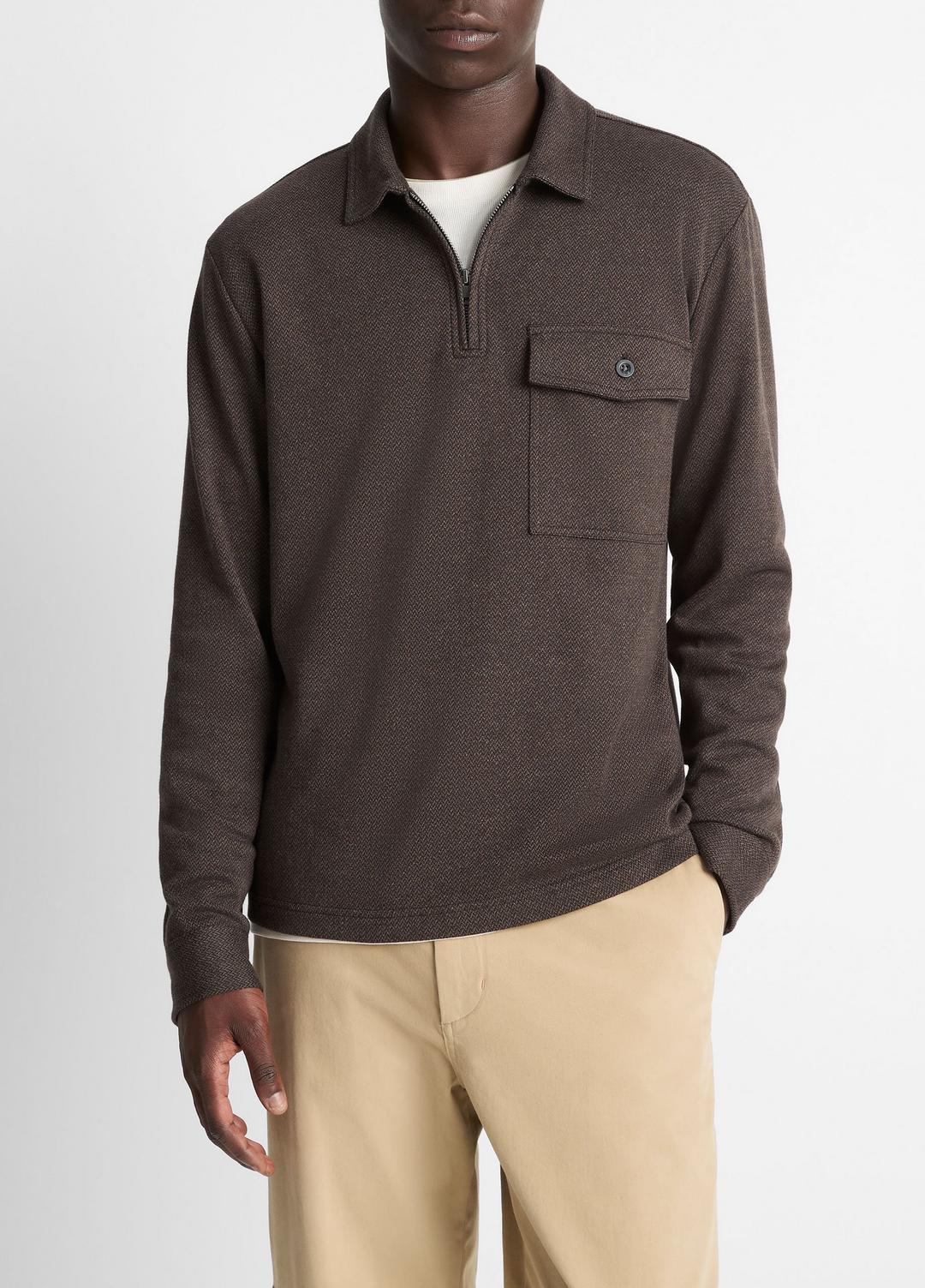 Herringbone Cotton-Blend Zip Polo Shirt in Henleys & Polos | Vince US