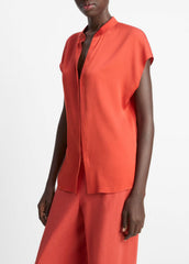 Contrast-Placket Stretch-Silk Cap-Sleeve Blouse in Shirts & Tees | Vince sale