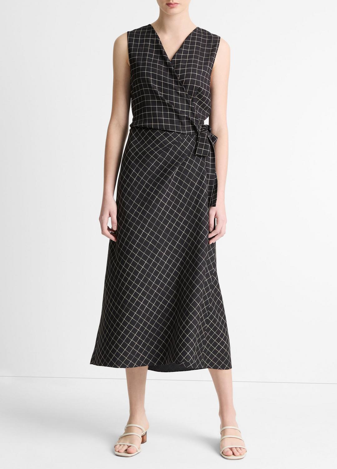 Trellis Plaid Draped Sleeveless Wrap Dress in Dresses & Skirts | Vince US