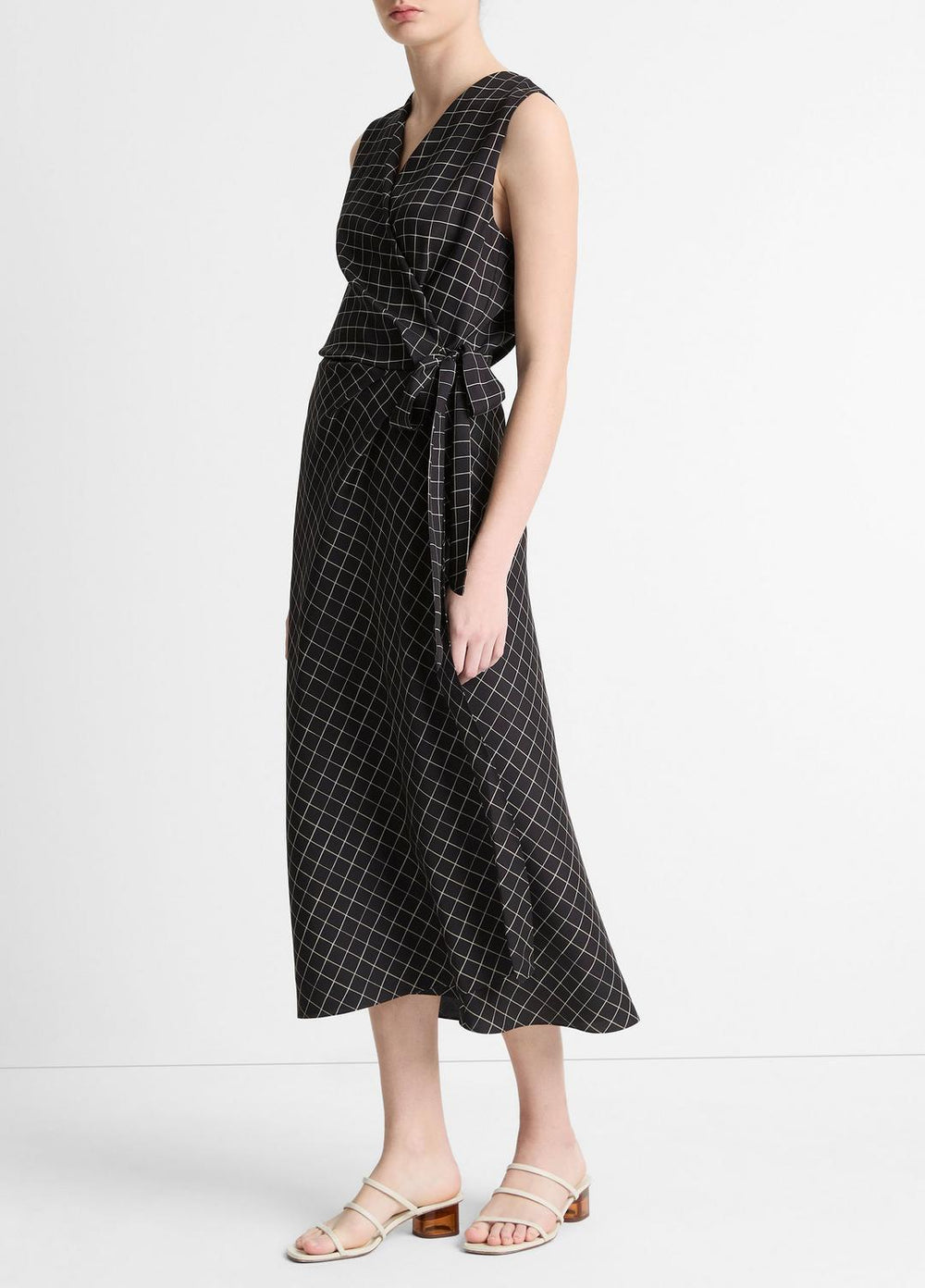Trellis Plaid Draped Sleeveless Wrap Dress in Dresses & Skirts | Vince US